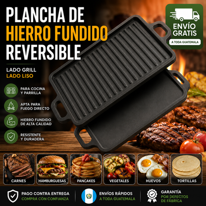 🍳 2 en 1: Parrilla de Hierro Fundido Reversible (Grill y Liso) 🔥 ¡Cocina de todo y saludable!