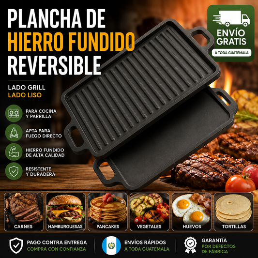 🍳 2 en 1: Parrilla de Hierro Fundido Reversible (Grill y Liso) 🔥 ¡Cocina de todo y saludable!