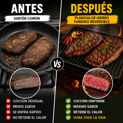 🍳 2 en 1: Parrilla de Hierro Fundido Reversible (Grill y Liso) 🔥 ¡Cocina de todo y saludable!